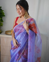 Heavy Beads Work Lavender Pure Organza Saree